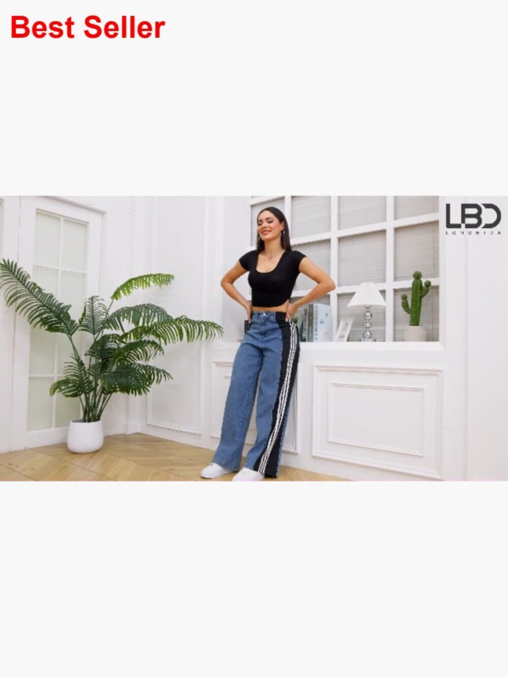 High Waisted Wide Leg Jeans Stretchy Two Tone Denim Pants - Picture 6 of 7